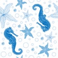 Seamless background with images of seahorse and sea star. blue line drawing on white background Royalty Free Stock Photo